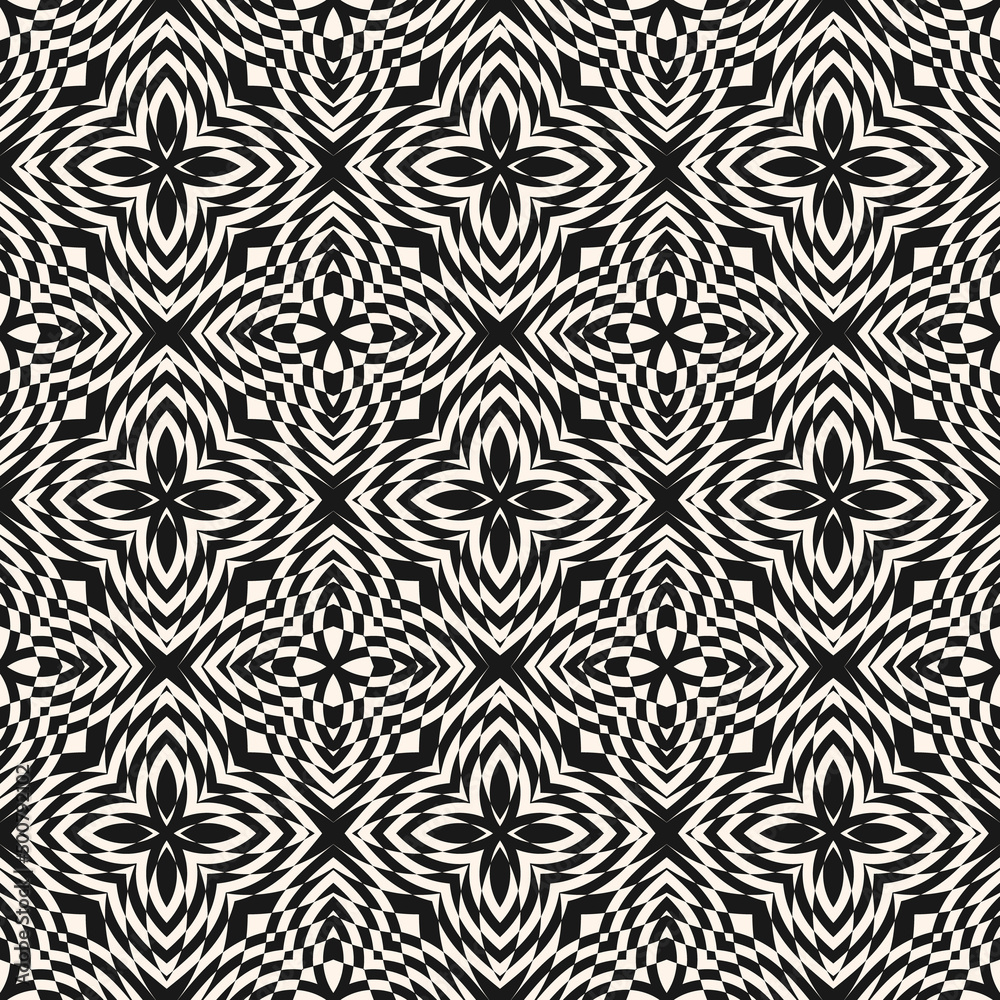 Vector geometric seamless pattern. Abstract black and white mosaic ornament. Simple checkered texture with flower silhouettes. Monochrome op art. Optical illusion background. Elegant repeat design Vector geometric seamless pattern. Abstract black and white mosaic ornament. Simple checkered texture with flower silhouettes. Monochrome op art. Optical illusion background. Elegant repeat design