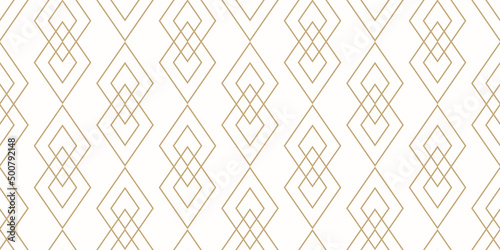 Vector golden geometric line texture. Elegant seamless pattern with diamonds, linear rhombuses. Abstract gold and white ornament. Art deco style. Trendy minimal background. Luxury repeat geo design