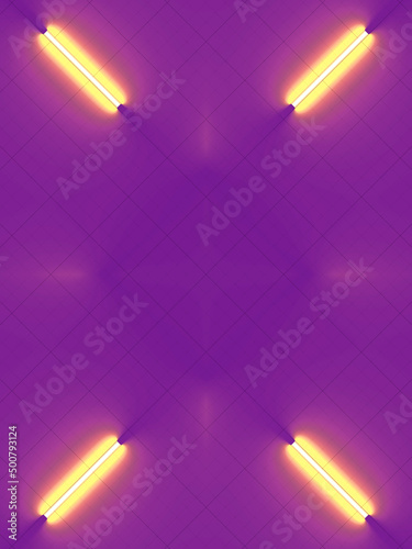 Fluorescent lamps on a violet background. Abstract 3d rendering geometric neon pattern digital illustration