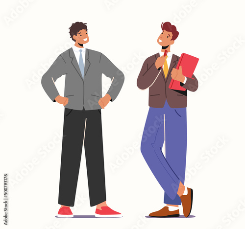 Young Business Men Conversation, Meeting, Thinking Isolated on White Background. Confident Male Characters Communicate