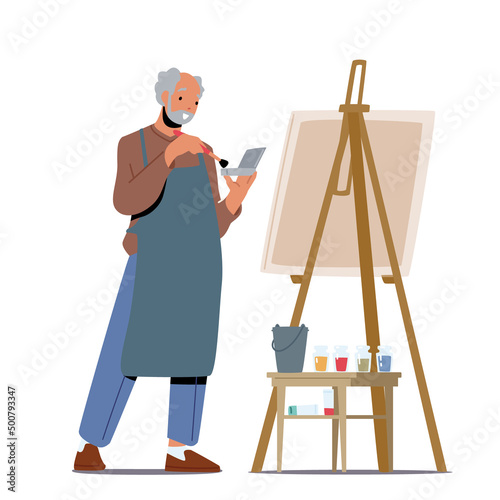 Aged People Creative Occupation, Leisure. Senior Man Artist Hobby. Old Male Painter Character Hold Paintbrush