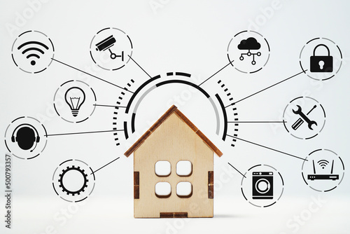 IOT or Internet of Things and smart home. Icons around the house model.