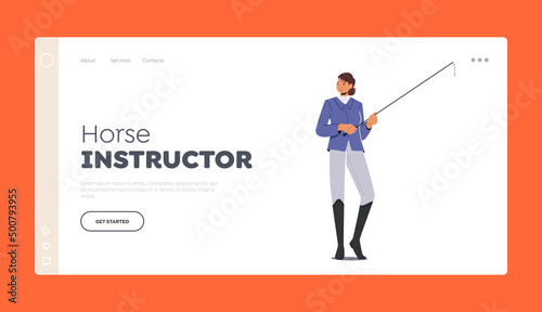 Horse Jockey, Instructor Landing Page Template. Professional Horseman in Uniform, Woman with Whip in Hand