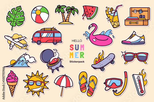 Colorful Summer stickers set in cartoon style. Summer holidays design elements - accessories, tropical plants, beach items, travel and sports objects, etc. Vector illustration
