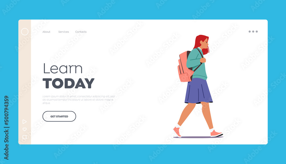 Pupil Girl Landing Page Template. Schoolgirl Wear Uniform and Rucksack Go School. Student Female Character Walk