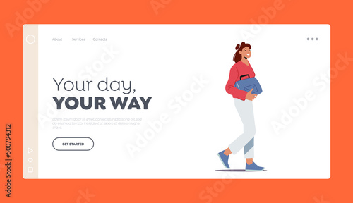 Young Woman with Bag in Hand Walking Landing Page Template. Female Character Passerby, Pedestrian Walk on Street