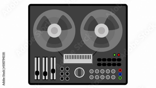 Drawn animated reel-to-reel tape recorder running on a white background