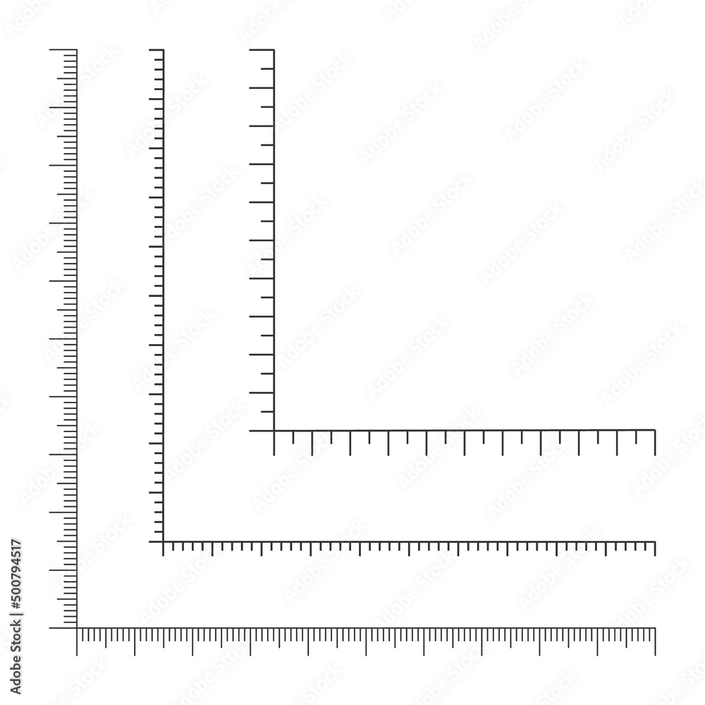 Set of corner ruler templates. GraphIc measuring tool scales with vertical and horizontal lines isolated on white background. Vector outline illustration. Set of corner ruler templates. GraphIc measuring tool scales with vertical and horizontal lines isolated on white background. Vector outline illustration.