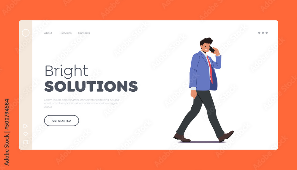 Business Man Talking by Smartphone Walking Landing Page Template. Young Confident Businessman Character Speaking