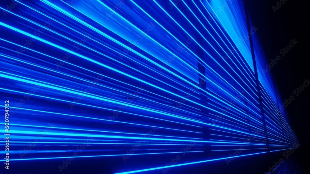 Glow blue lines. 4k seamless looped animation. Fly through mirror tunnel with neon pattern, glow lines form sci fi pattern. Bright reflection neon light. Simple bright background, sci fi structure