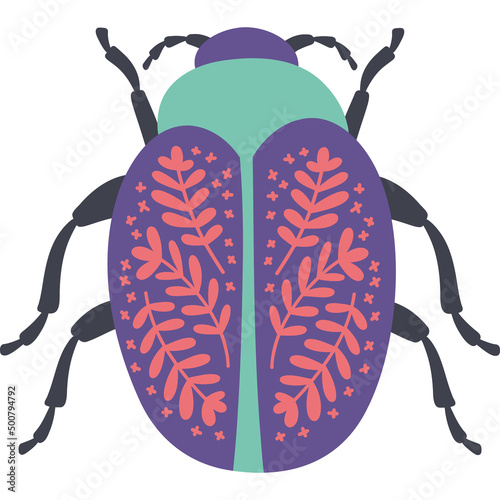 Bug with flowers. Decorative beetle botanical design. Insects for posters and cards. Bright vivid colors. Hand drawn insects symbol icon
