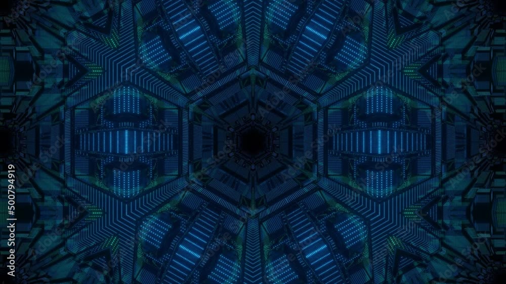 star symmetry. Glow pattern. Vj loop motion design kaleidoscope background. Abstract bg motion graphics 3d symmetrical glowing kaleidoscopic construction. Night club vj. Sci-fi background.