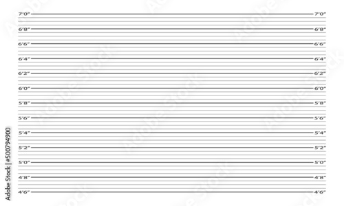 Police mugshot photoshoot background. Height feet and inches chart for photo of arrested person or suspect identification isolated on white background. Vector illustration.
