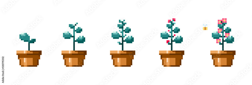Vecteur Stock Pixel art plat growth stages. Vintage 90s gaming 8 bit icon  set of flower growth process. Vector pixel plant in flower pot game  isolated patterns. | Adobe Stock