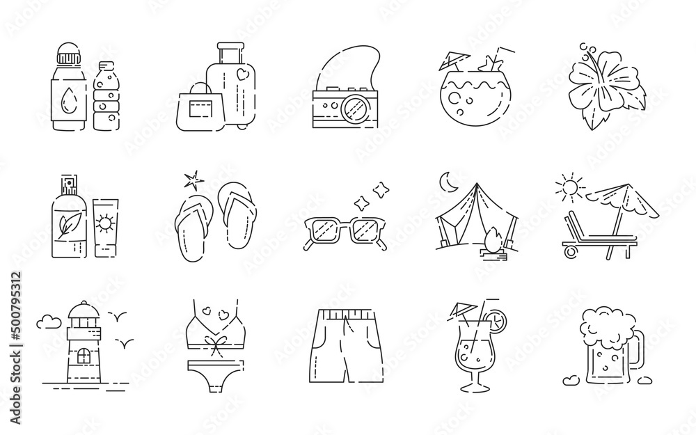 Summer vacation and beach party icon set. Vector linear symbol illustration in modern cute style. Icons of sun cream, luggage, cocktail, sunglasses, flip flops, tent, swimsuit, camera and lighthouse. Summer vacation and beach party icon set. Vector linear symbol illustration in modern cute style. Icons of sun cream, luggage, cocktail, sunglasses, flip flops, tent, swimsuit, camera and lighthouse.