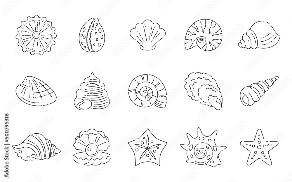 Seashells icon set. Vector perfect linear black and white marine logo collection.
