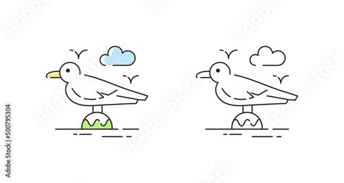 Seagull icon linear vector. Gull bird logo symbol set in color and black.