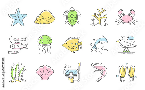 Sea animals vector set. Ocean colorful fishes and seaweeds collection. Linear doodle signs and symbols of various shellfish, dolphin, corals, crayfish, jellyfish and other animals.