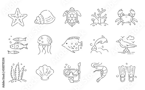 Sea fishes and seaweeds line icon set. Set of line art icons on white background. Summer concept. fish, dolphin, shrimp, turtle and various others ocean and sea creatures. 