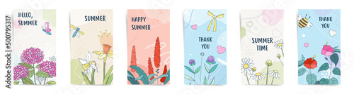 Summer flowers story design template set for social median posts, stories, floral banners and decorative poster background. Vector summertime nature concept promo illustrations.