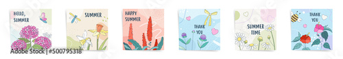 Summer flowers square design template set for social median posts, albums, floral banners and decorative poster backgrounds. Vector summertime social network design with flowers and geometric shapes.