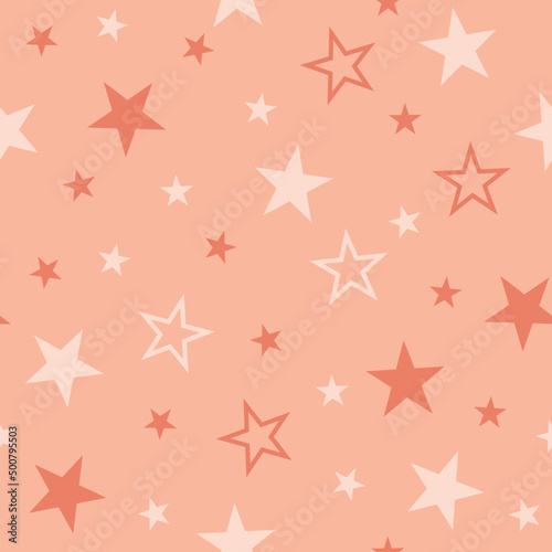 Seamless Background Pattern with Peach and Coral Scattered Stars vector illustration. Adventure. Journey.