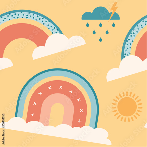 Seamless Background Pattern with Modern Rainbows, Sun, and Rain Cloud vector illustration. Adventure. Journey.