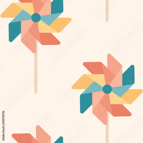 Seamless Background Pattern with Colorful Rainbow Pinwheels vector illustration. Adventure. Journey.