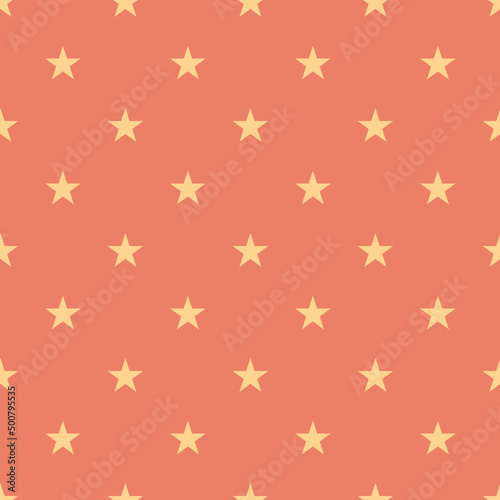 Seamless Background Pattern with Yellow Stars on Coral vector illustration. Adventure. Journey.
