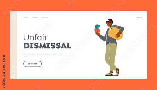 Unfair Dismissal Landing Page Template. Sad Fired Girl with Box and Cactus in Pot Leaving Job. Woman Employee Dismiss