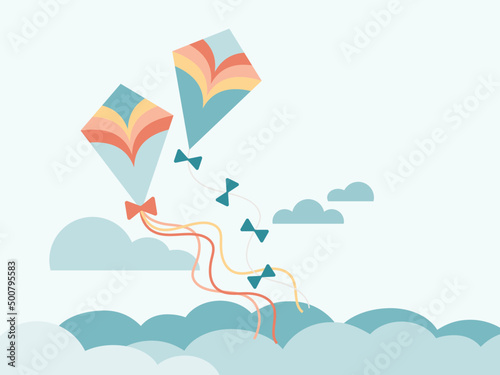 Kites Flying Through Clouds In the Sky. Flat vector illustrations. Sky Travel. Adventure. Journey.