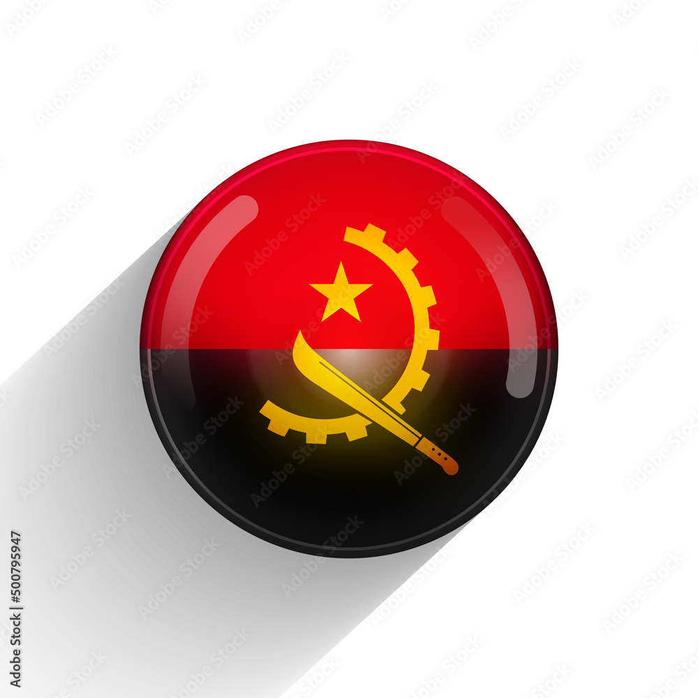 Round icon with flag of Angola. Glass light ball, sticker, sphere. Angolan national symbol. Glossy realistic ball, 3D abstract vector illustration. Template big bubble Round icon with flag of Angola. Glass light ball, sticker, sphere. Angolan national symbol. Glossy realistic ball, 3D abstract vector illustration. Template big bubble