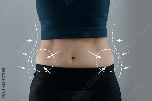 Abdominal fat problems, massaging marks. Healthy lifestyle and sports activities concept photo