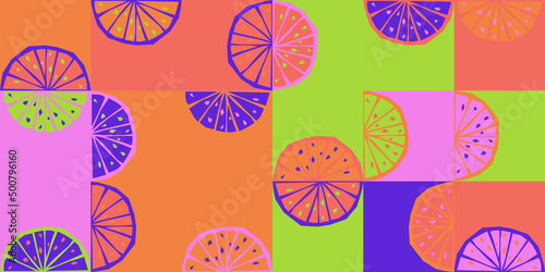 Universal Seamless Geometric Pattern With Fruit Elements, Vegetable Shapes.