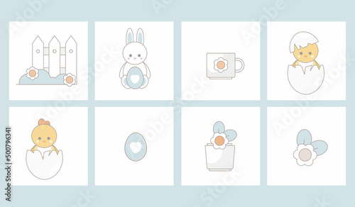 Spring Holiday Decor with cute elements. Cute flat cartoon characters. Perfect for scrapbooking, greeting card, poster, tag, party invitation, sticker set.