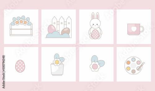 Spring Holiday Decor with cute elements. Cute flat cartoon characters. Perfect for scrapbooking, greeting card, poster, tag, party invitation, sticker set.