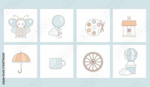 Spring Holiday Decor with cute elements. Cute flat cartoon characters. Perfect for scrapbooking, greeting card, poster, tag, party invitation, sticker set.