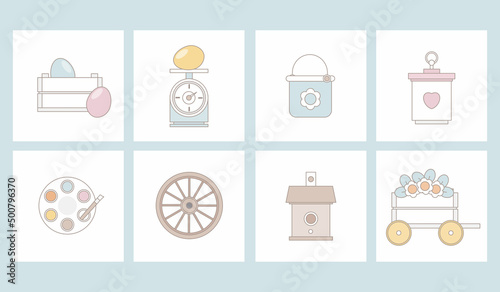 Spring Holiday Decor with cute elements. Cute flat cartoon characters. Perfect for scrapbooking, greeting card, poster, tag, party invitation, sticker set.