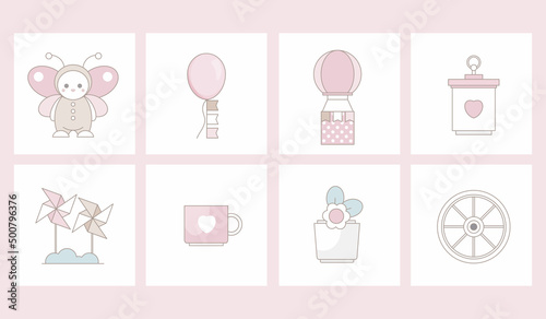 Spring Holiday Decor with cute elements. Cute flat cartoon characters. Perfect for scrapbooking, greeting card, poster, tag, party invitation, sticker set.