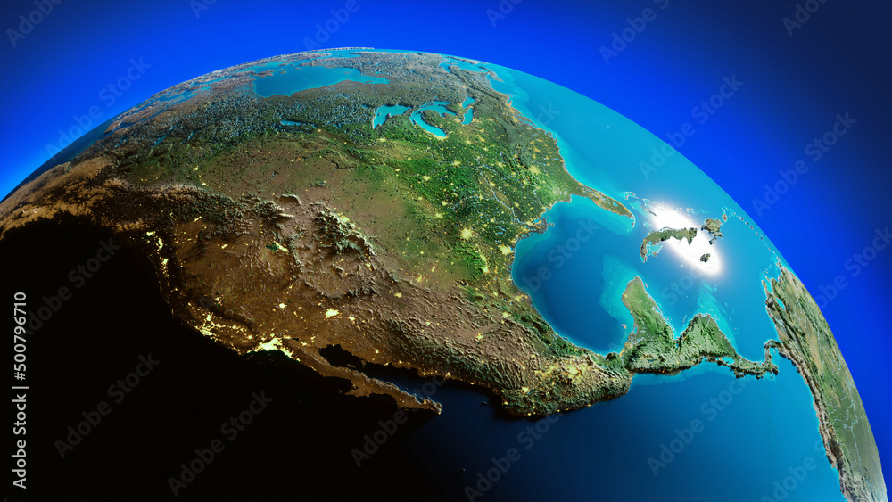 3d rendering of a globe relief map with North America, USA, Canada, Mexico and some Caribbean countries  and their city lights. 