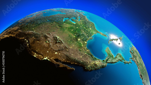 3d rendering of a globe relief map with North America, USA, Canada, Mexico and some Caribbean countries  and their city lights.  © VFX Photographer