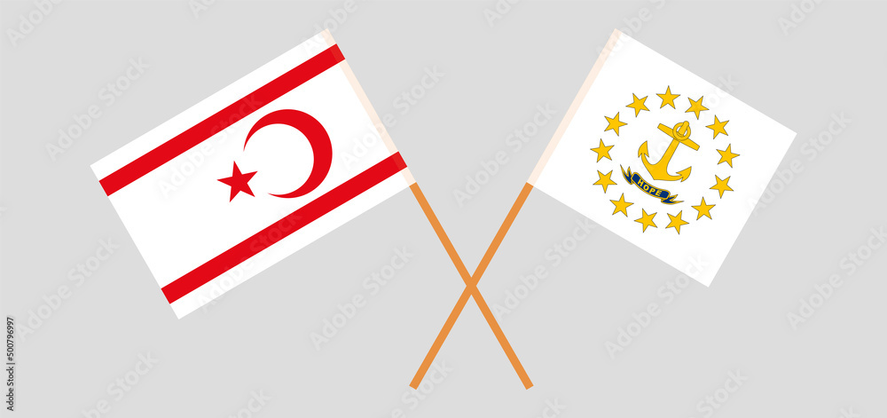 Crossed flags of Northern Cyprus and the State of Rhode Island. Official colors. Correct proportion Crossed flags of Northern Cyprus and the State of Rhode Island. Official colors. Correct proportion