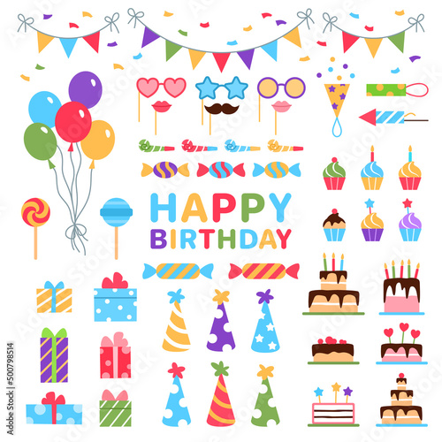 Happy Birthday flat icons set. Colorful anniversary elements on white background for carnival event celebration invitation, Birthday party card design. Gift box, balloon cake hat vector illustration.