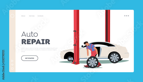 Auto Repair Landing Page Template. Worker Change Automobile Tires at Garage. Car Maintenance and Fixing Service