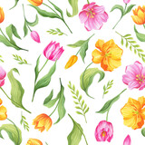 Seamless pattern with yellow and pink tulips. Watercolor illustration.