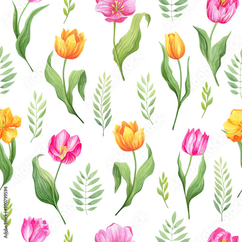 Seamless pattern with yellow and pink tulips. Watercolor illustration.