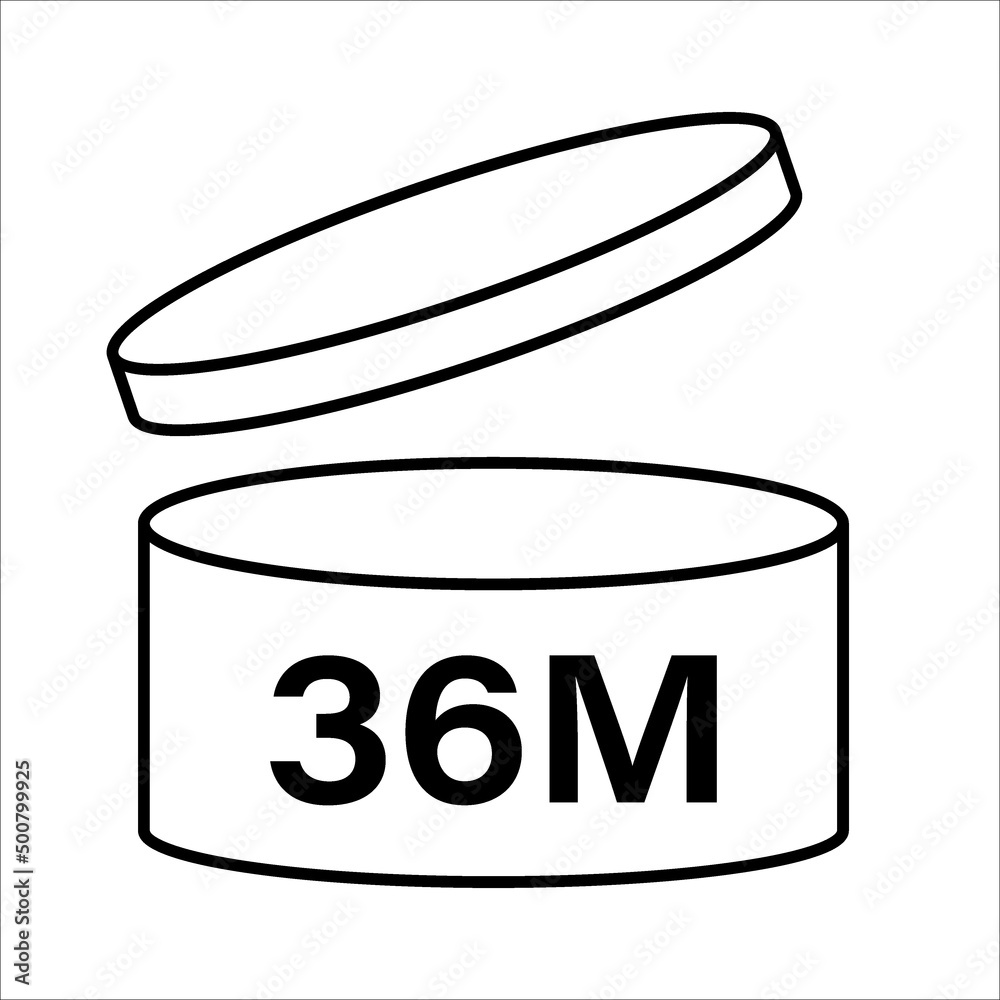 PAO cosmetic icon, mark of period after opening. Expiration time after package opened, white label. 36 month expirity on white background, vector illustration PAO cosmetic icon, mark of period after opening. Expiration time after package opened, white label. 36 month expirity on white background, vector illustration