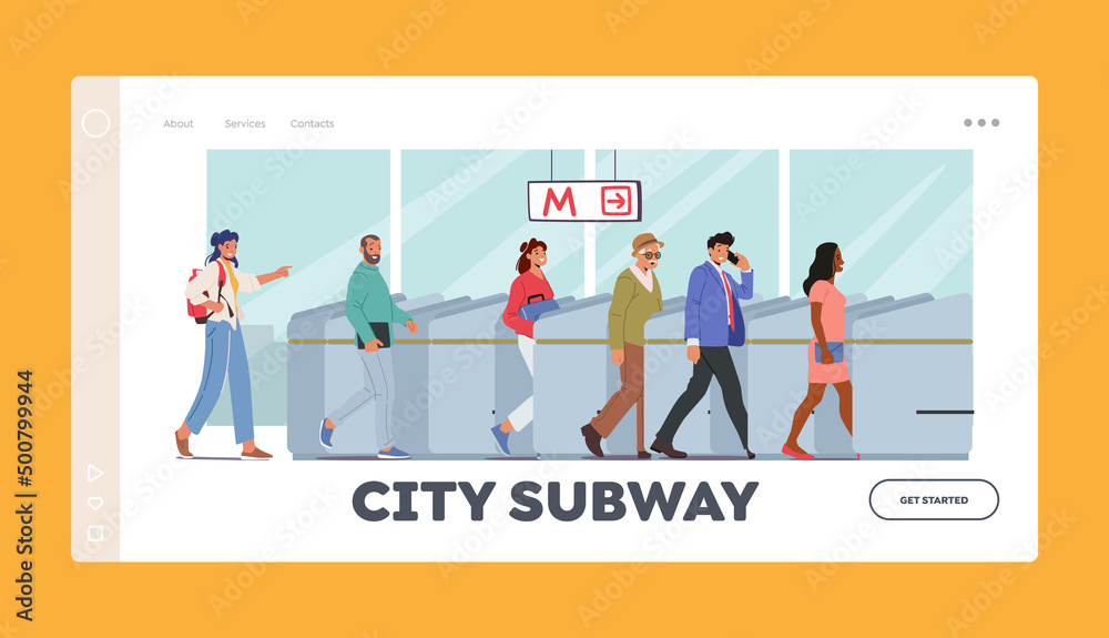 City Subway Landing Page Template. Characters Use Public Transport. People Go Through Turnstile Entrance City Subway Landing Page Template. Characters Use Public Transport. People Go Through Turnstile Entrance