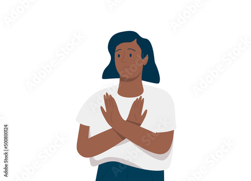 Black woman crossed her hand as protest for something. African American business female stood against smth.