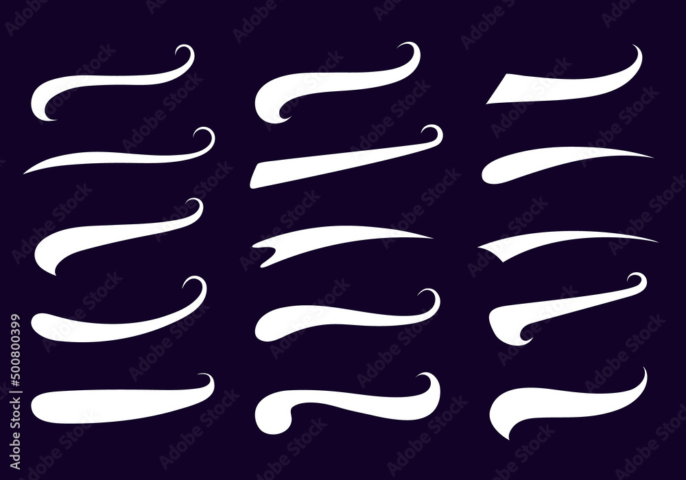 Fototapeta premium Swooshes text tails for baseball design. Sports swash underline shapes set in retro style. Swish typography font elements for athletics, baseball, football decoration. White swirl vector line